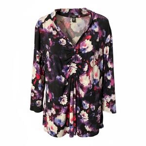 Alfani Woman 3X Floral Ruched V-Neck Tunic Top‎ – Black Purple Fuchsia